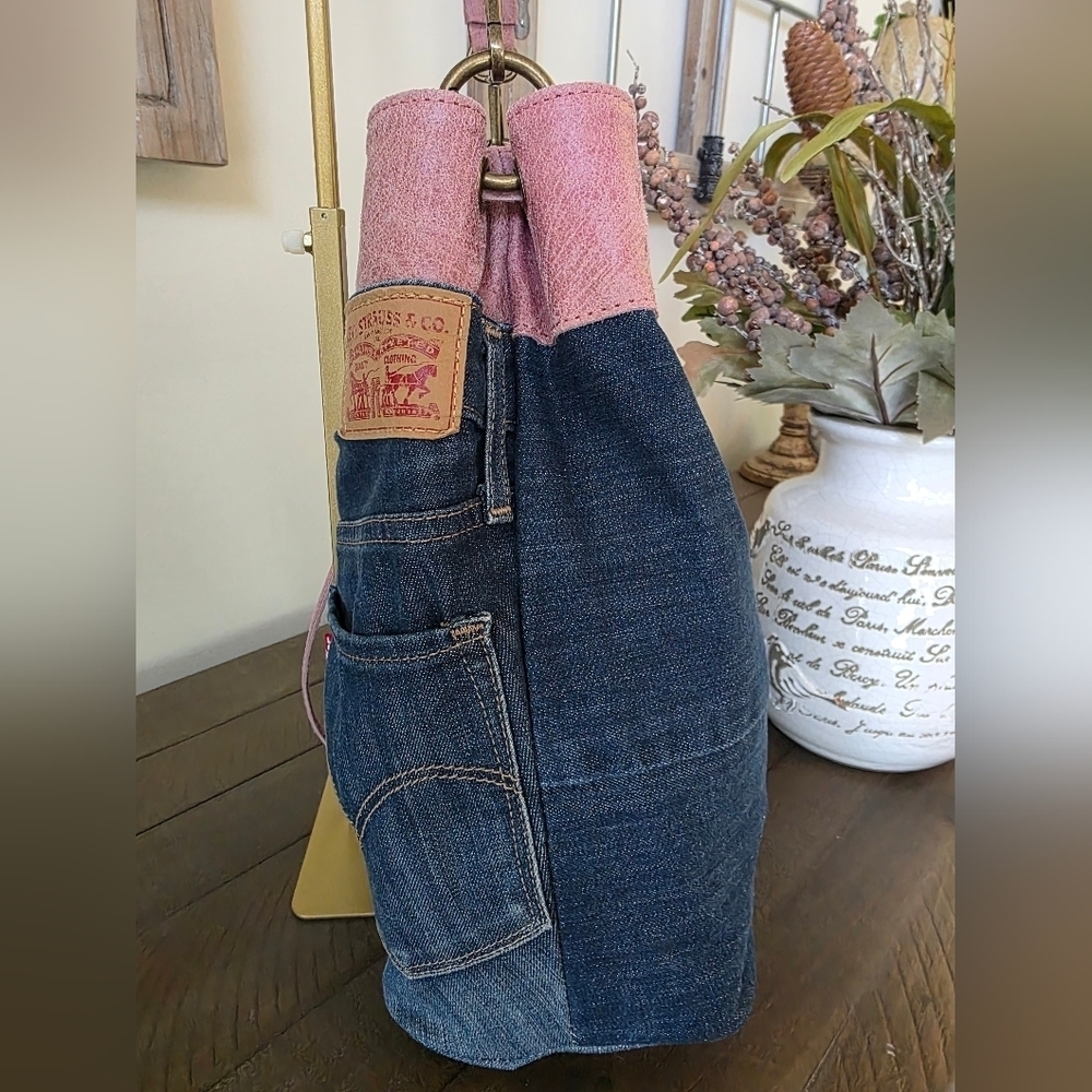Vera Pelle Made In Italy Levi Strauss Jeans Boho Chic Bag With Pink Vegan Trim - Picture 6 of 11